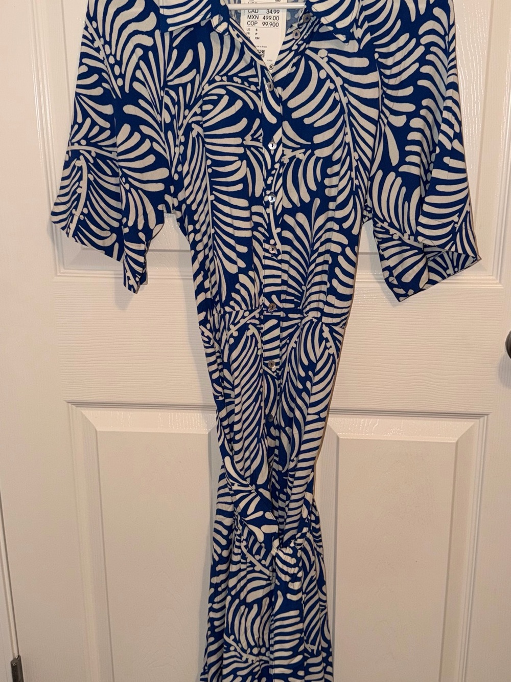 H&M Navy and White Leaf Print Button Down Maxi Dress w/ Matching Waist Tie